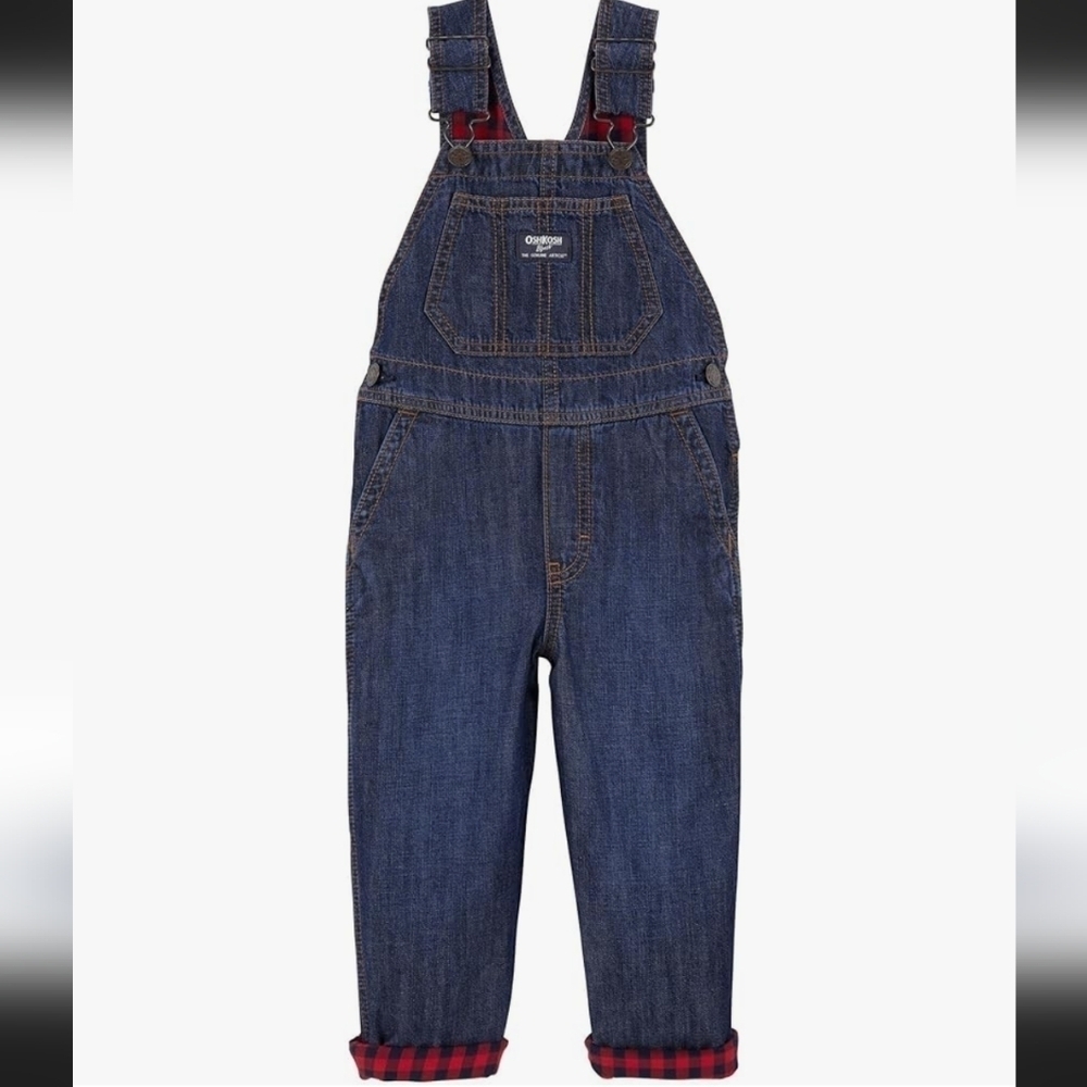 Kids Denim Overalls with Red Plaid Lining